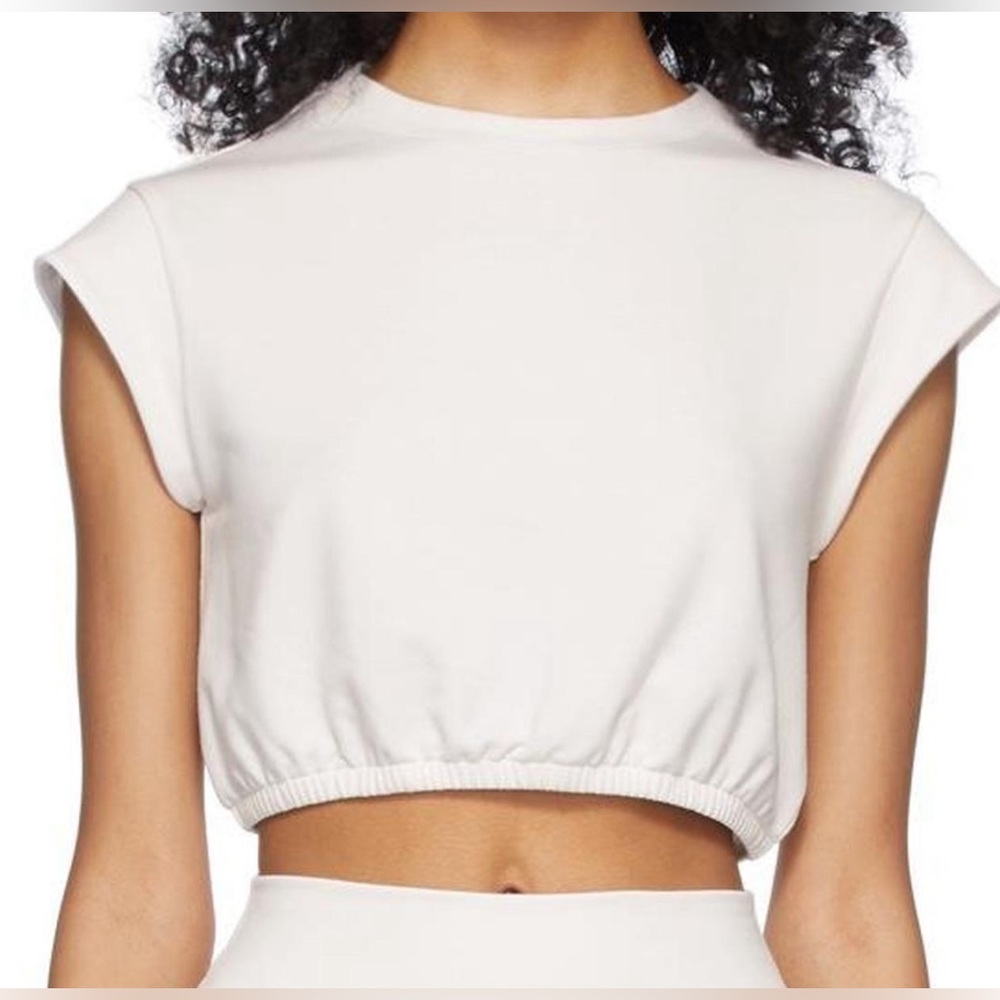Alo White Short Sleeve Elastic Ruched Crop Top